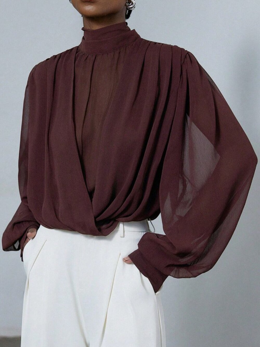 Rusty Rose Elegant Women's Tie Neck Detail Mock Neck Blouse - Picture 3 of 5